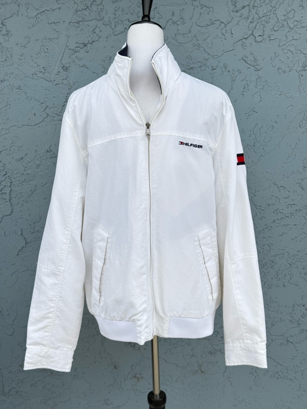 Tommy Hilfiger White Zip-Front Regatta Bomber Jacket Signature Stripe & Logo M